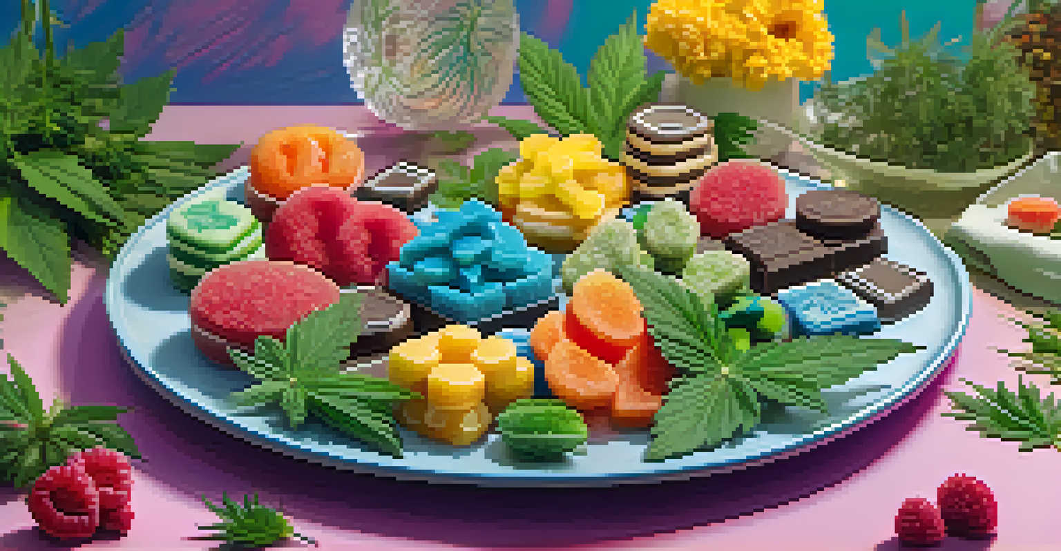 A decorative plate with cannabis-infused gummies and chocolates, surrounded by fresh herbs and flowers, creating a colorful aesthetic.