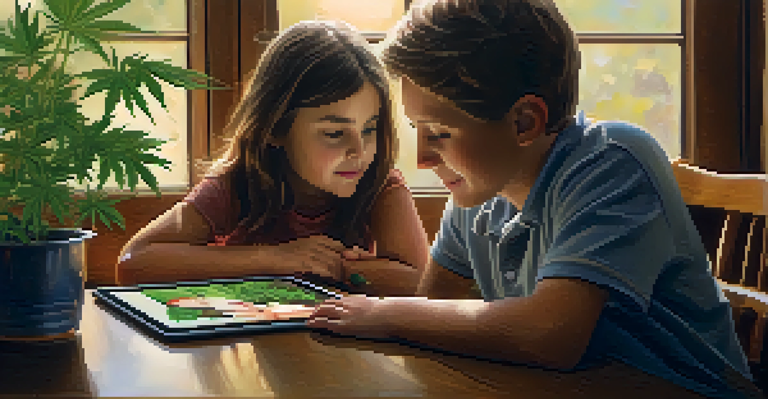 A parent and child looking at a tablet together, engaging in an educational discussion about marijuana.