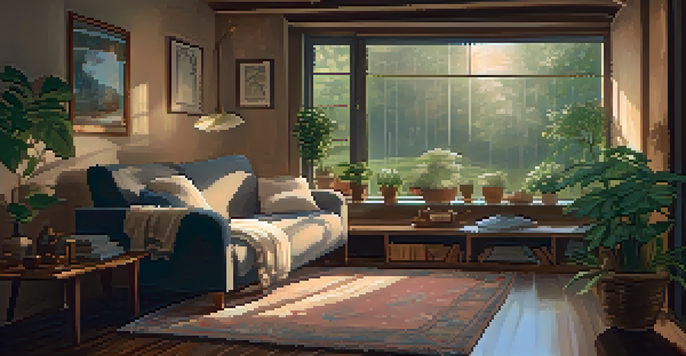 A person sitting on a couch with a blanket and a cup of tea, in a cozy room with plants and soft lighting, while it rains outside.