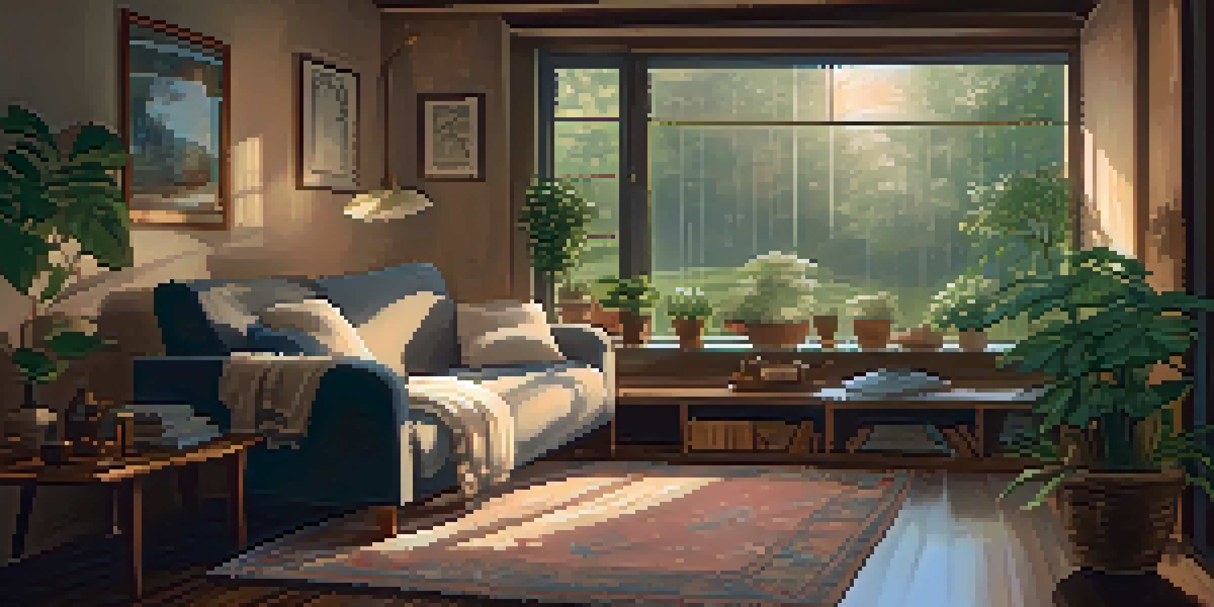 A person sitting on a couch with a blanket and a cup of tea, in a cozy room with plants and soft lighting, while it rains outside.