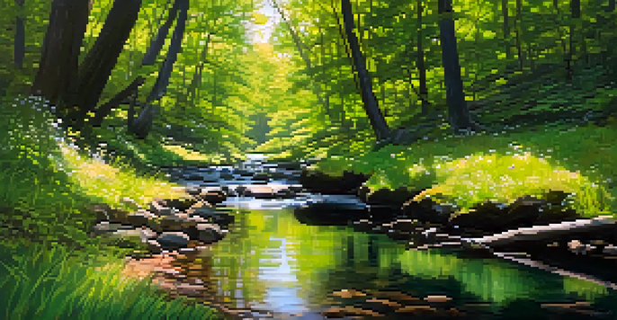 A peaceful forest with sunlight shining through the trees and a clear stream flowing in the foreground.