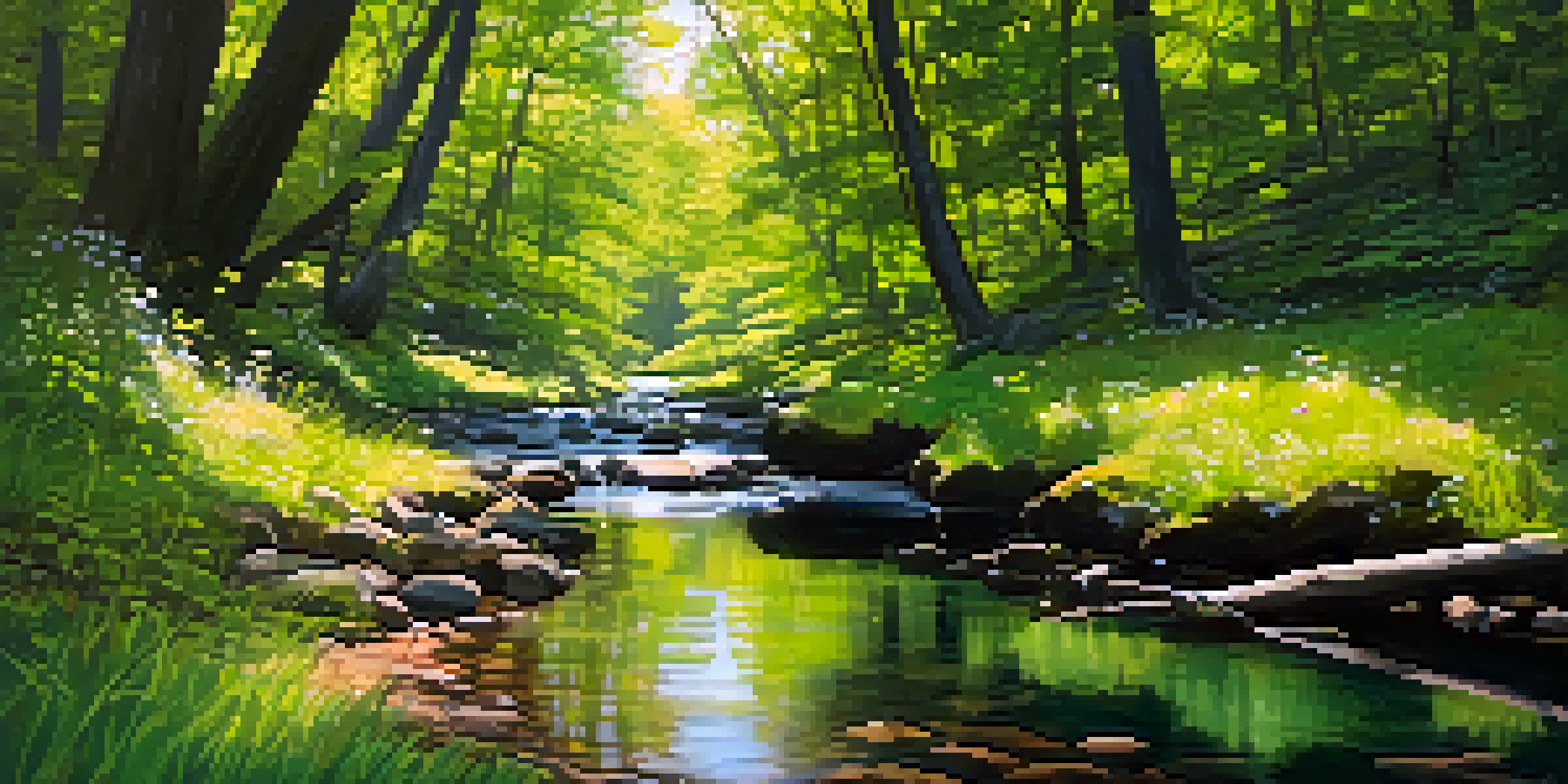 A peaceful forest with sunlight shining through the trees and a clear stream flowing in the foreground.