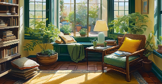 A cozy reading nook with a person sitting in an armchair, reading a book, surrounded by soft cushions and a potted plant, bathed in natural light.