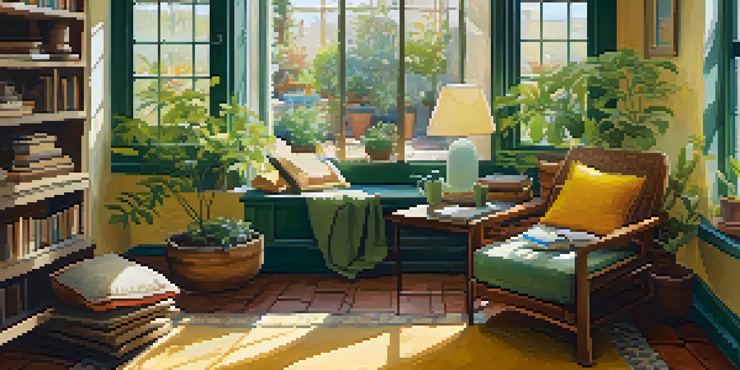 A cozy reading nook with a person sitting in an armchair, reading a book, surrounded by soft cushions and a potted plant, bathed in natural light.