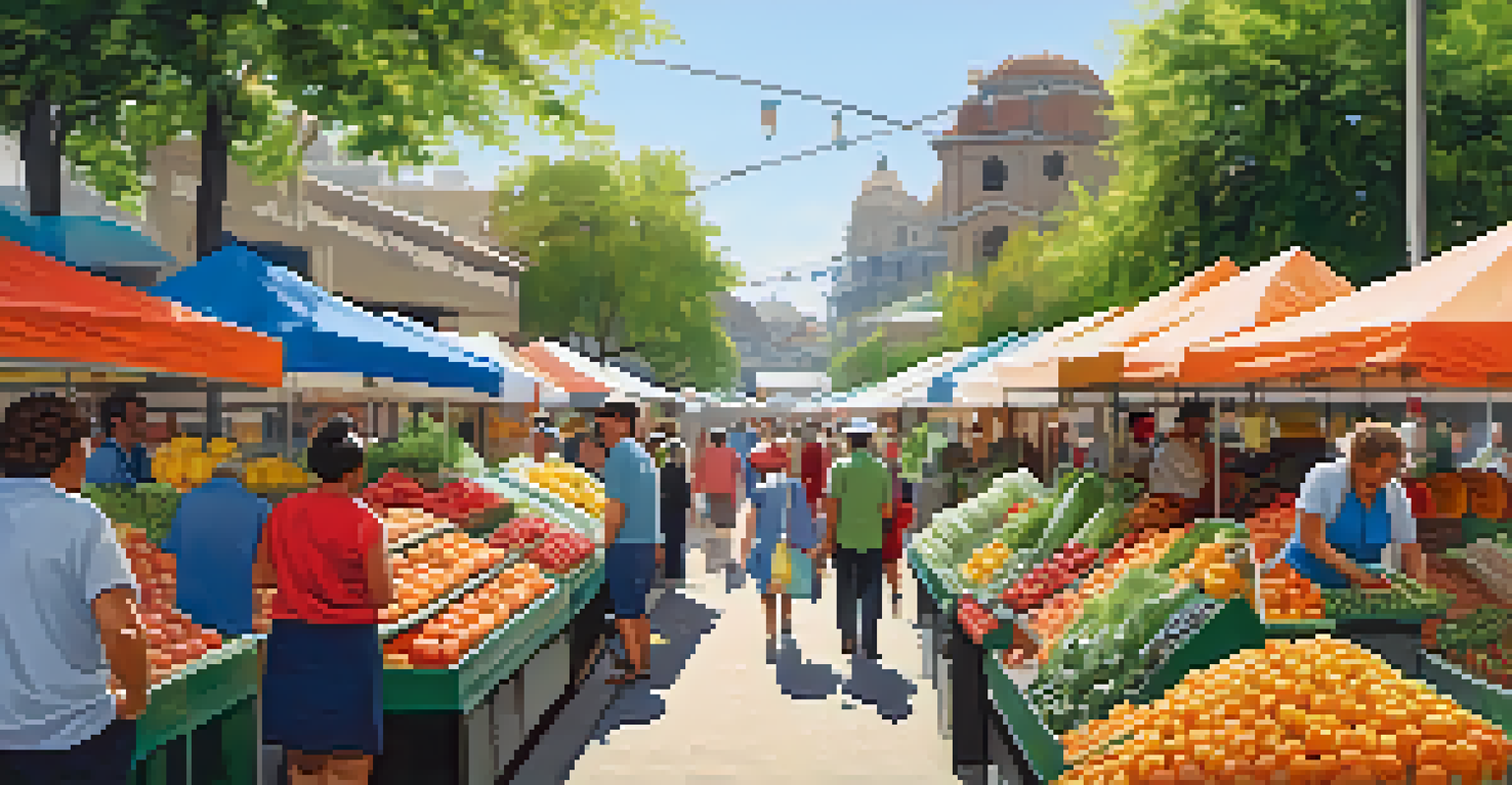 A vibrant outdoor market filled with colorful fruits and vegetables, with people browsing and chatting under bright umbrellas.
