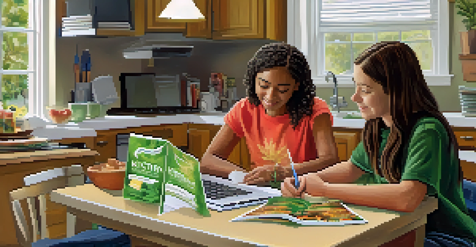 A parent and teenager discussing marijuana use at a kitchen table with educational resources, promoting open communication.