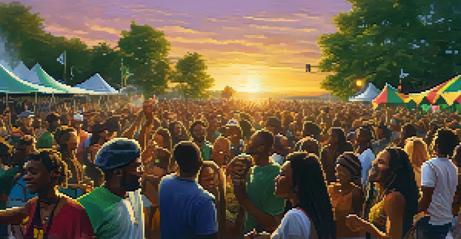 A reggae festival at sunset with a band on stage and joyful dancers surrounded by colorful banners.