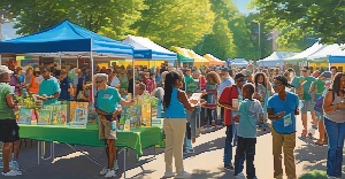 A community health fair showcasing educational booths about marijuana use, with diverse participants engaging in discussions under sunny trees.