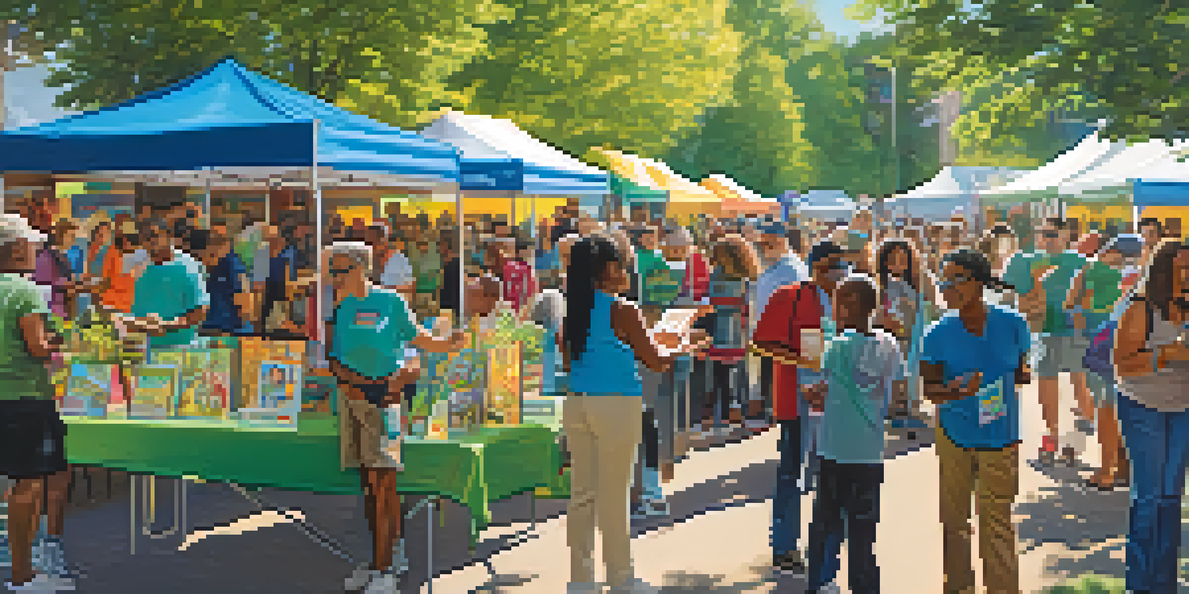 A community health fair showcasing educational booths about marijuana use, with diverse participants engaging in discussions under sunny trees.