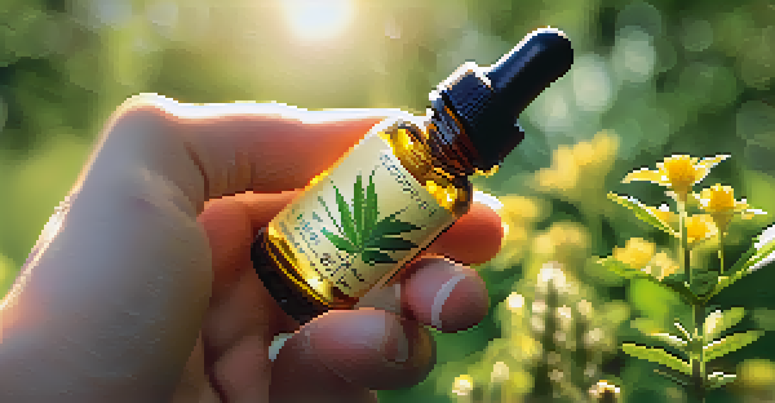 A close-up of a hand holding a tincture bottle of CBD oil with a blurred nature background.