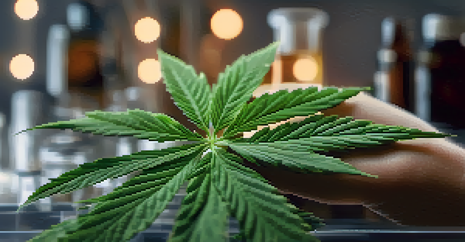 A close-up of a cannabis leaf in a laboratory, emphasizing its texture and color against a blurred background.