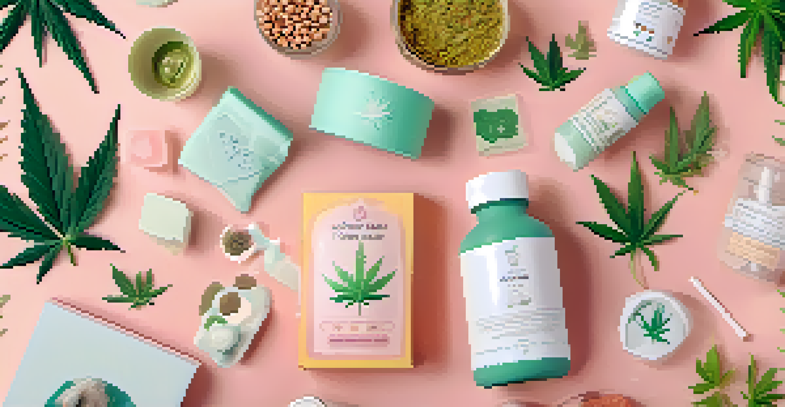 An educational graphic showcasing various cannabis products with icons representing their benefits on a pastel background.
