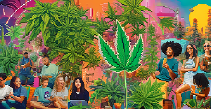 A colorful social media feed displaying various cannabis-related posts and images, highlighting community engagement and education.