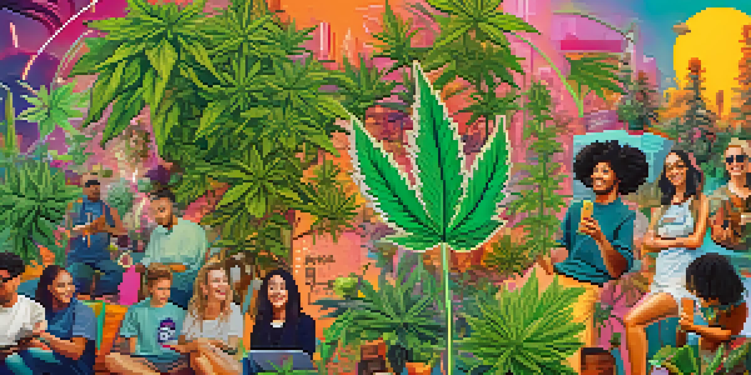A colorful social media feed displaying various cannabis-related posts and images, highlighting community engagement and education.