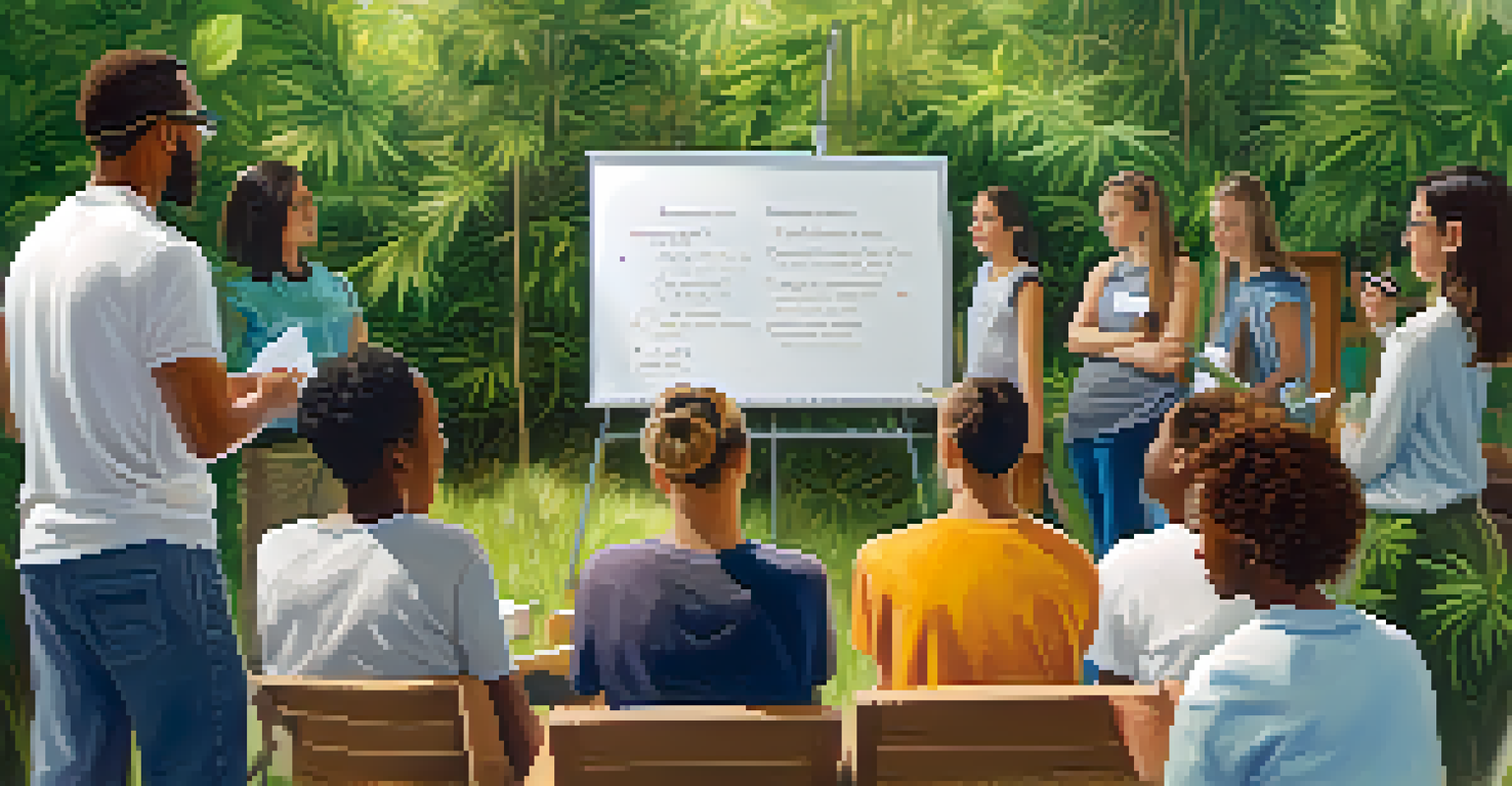 A community workshop on cannabis education with adults and youth engaged, surrounded by greenery and a facilitator at a whiteboard.