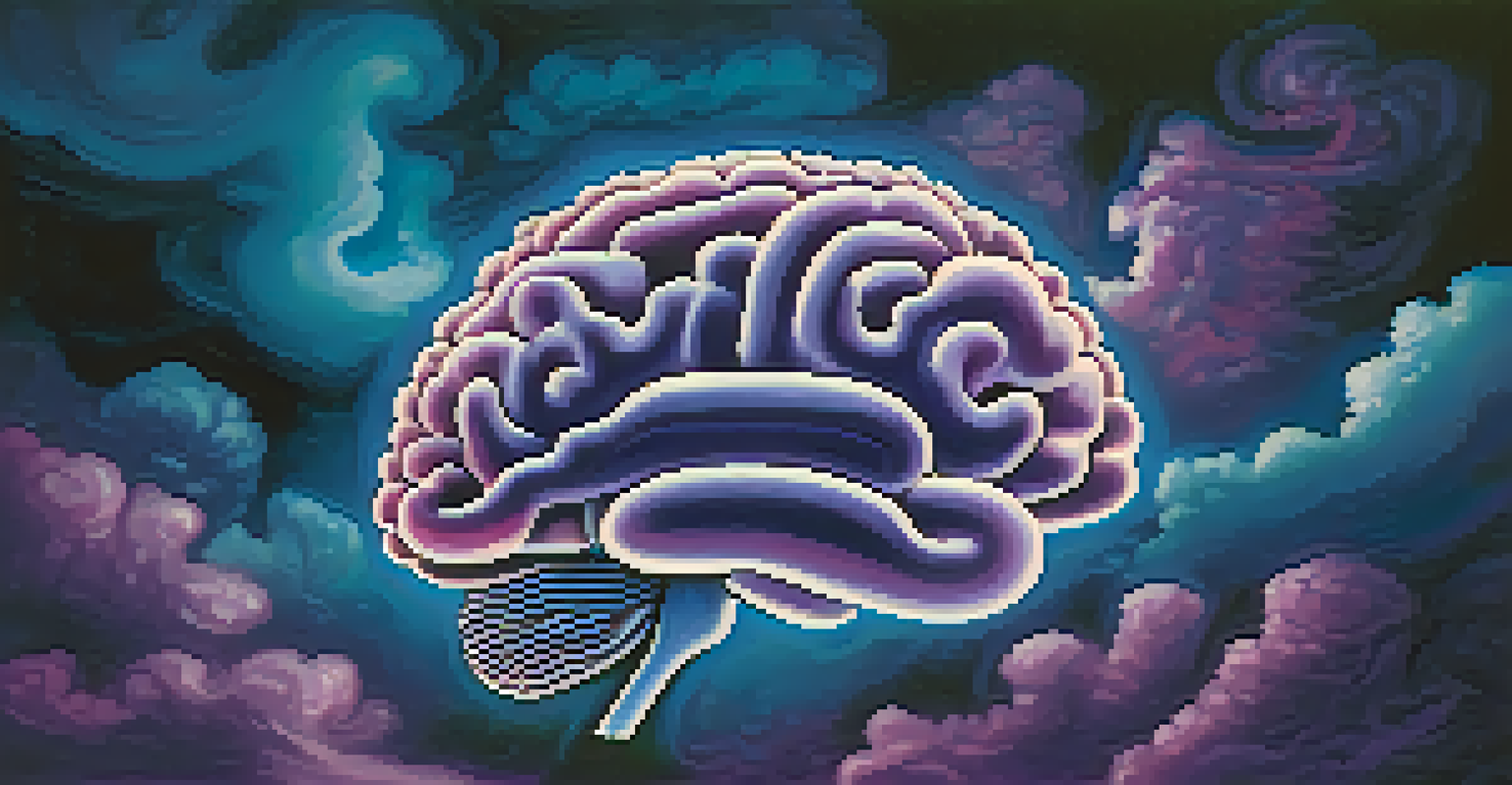 An illustration of a brain showing different sleep stages surrounded by swirling vapor, set against a dreamy blue and purple background.