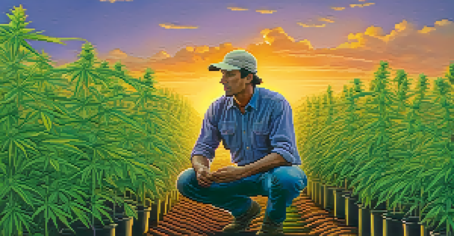 A farmer inspecting cannabis plants in a field during sunset, with golden light illuminating the plants and a colorful sky in the background.