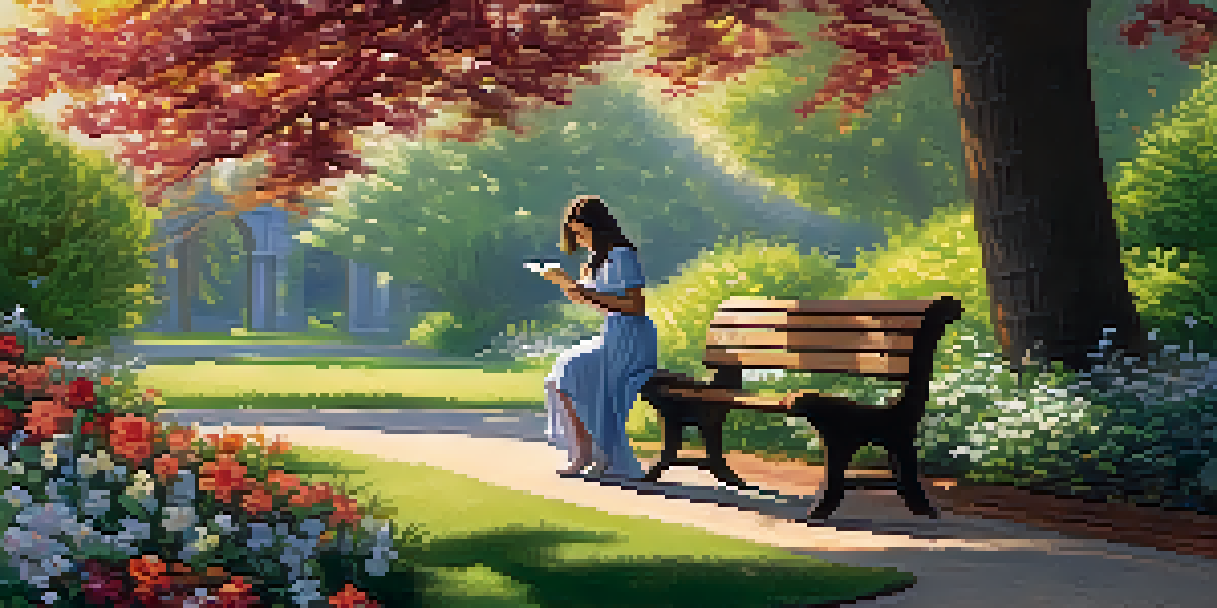 A person sitting on a park bench, writing in a journal surrounded by greenery and flowers, with soft sunlight filtering through the leaves.