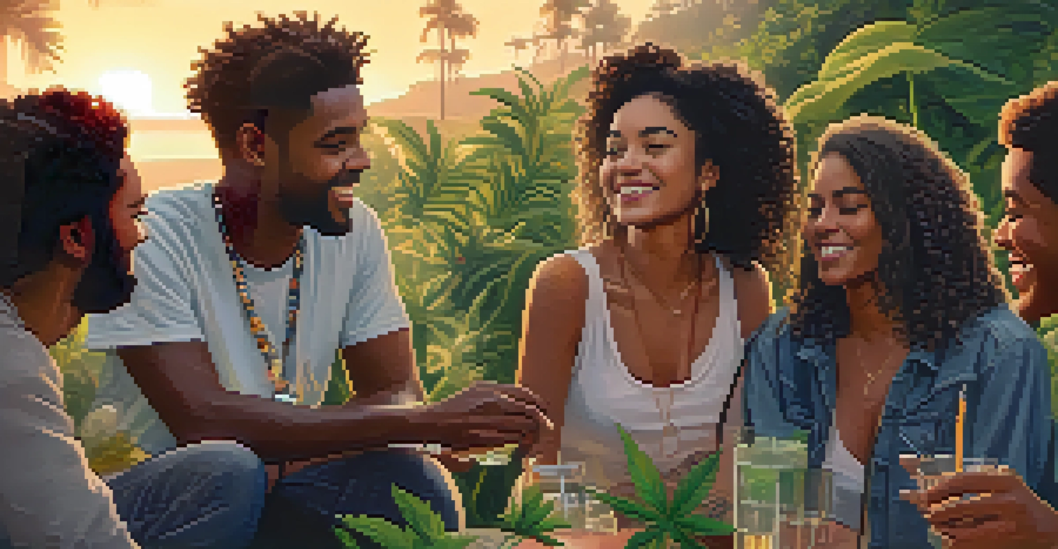 A group of friends laughing and enjoying a gathering outdoors, with one friend holding a cannabis joint, surrounded by greenery.