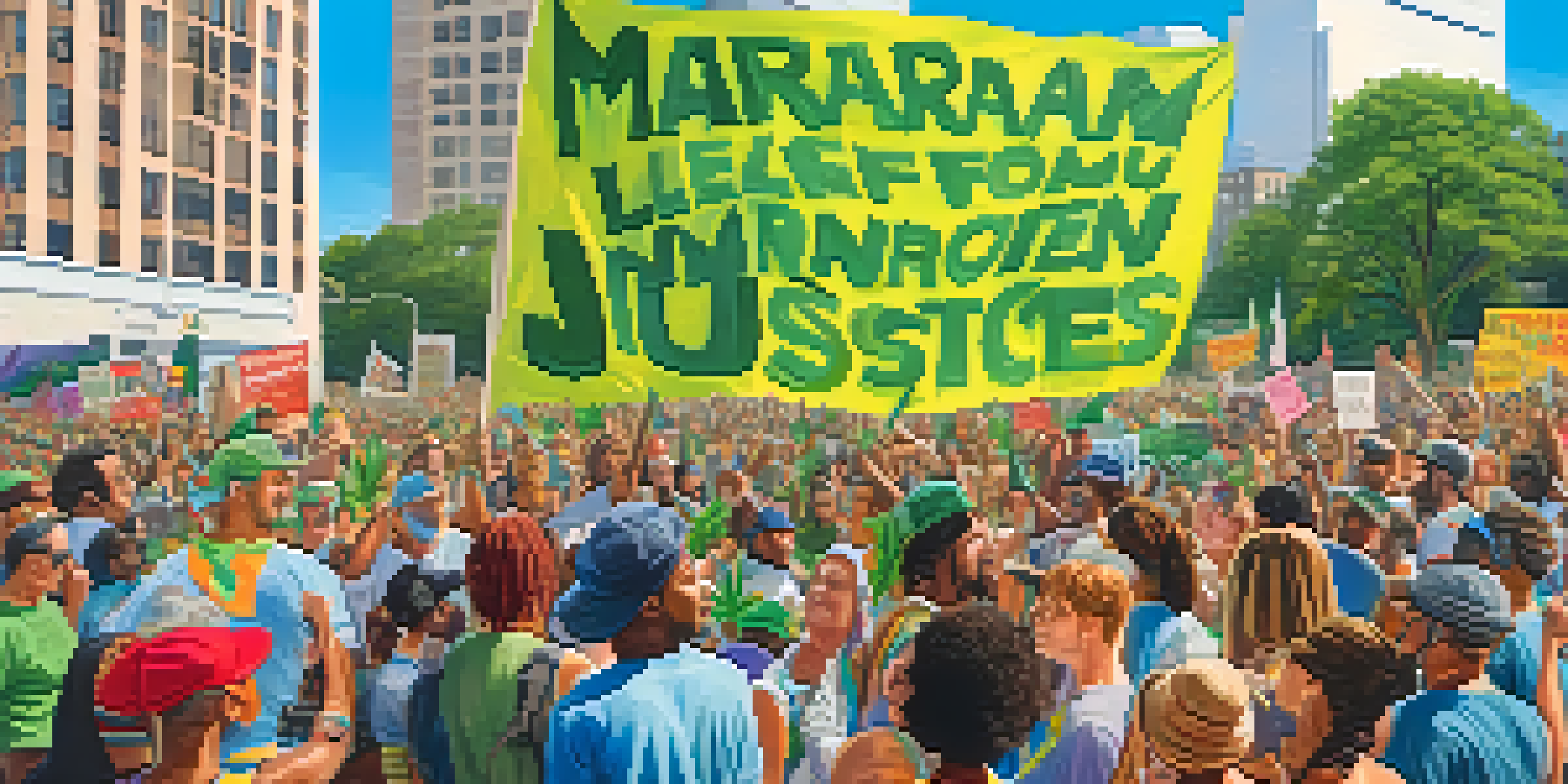 A diverse group of people at a community rally advocating for marijuana legalization, holding signs and banners in a city park.