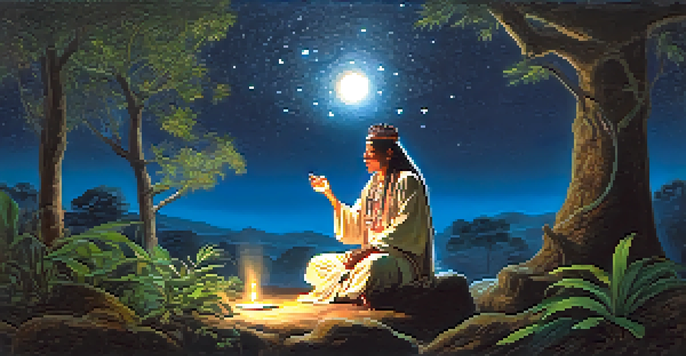 An ancient shaman in a serene landscape performing a ritual under a starry night sky, surrounded by lush plants and illuminated by moonlight.