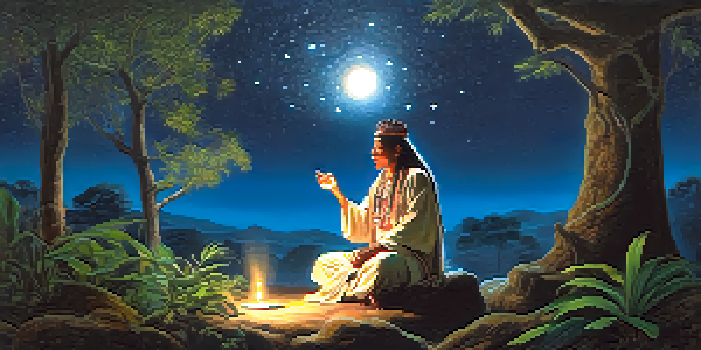An ancient shaman in a serene landscape performing a ritual under a starry night sky, surrounded by lush plants and illuminated by moonlight.