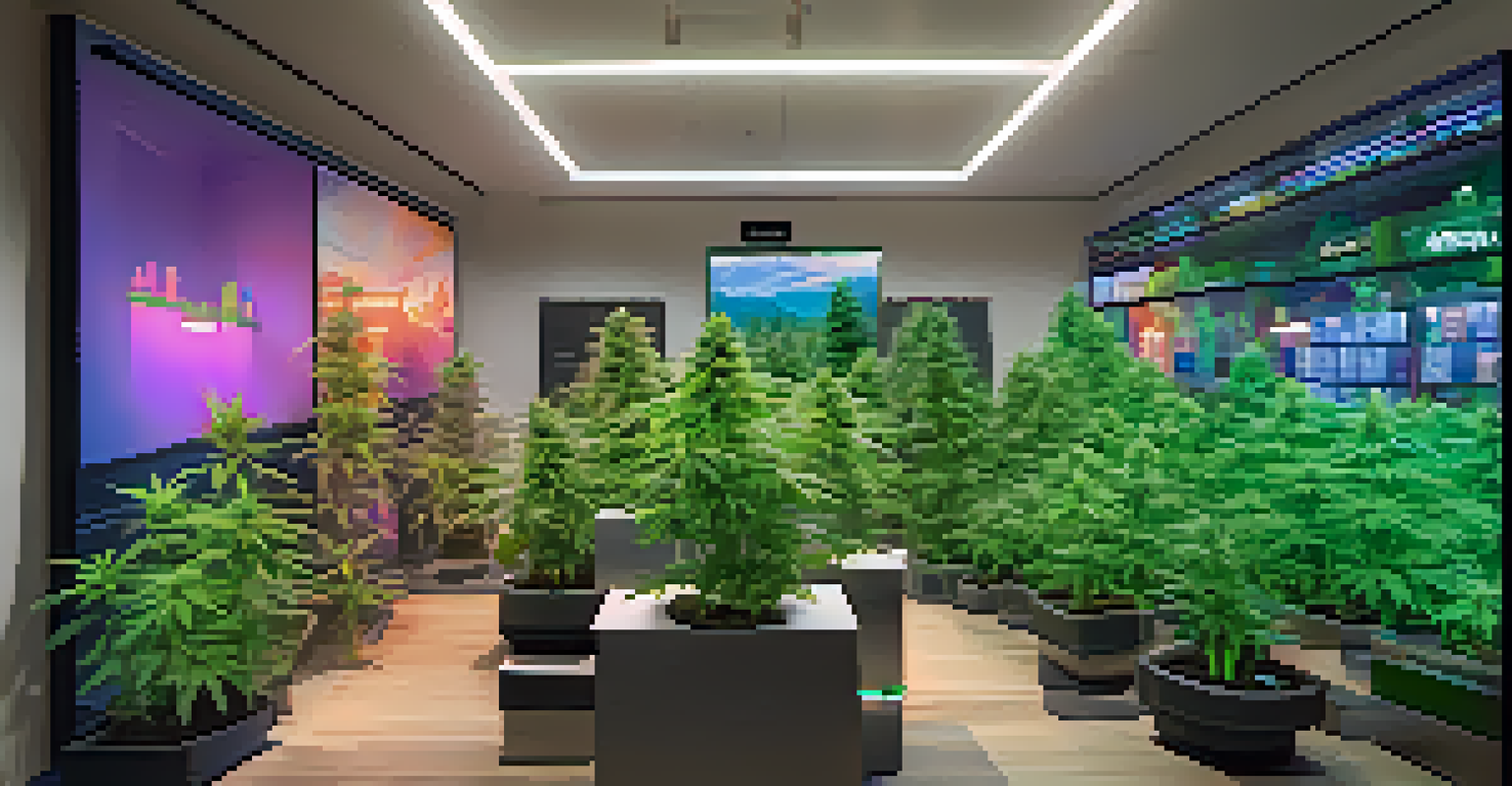 A customer using augmented reality glasses in a dispensary, visualizing virtual marijuana plants and information in a colorful retail setting.