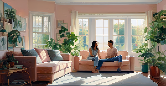 A couple in a cozy, sunlit living room discussing family planning, surrounded by plants and family photos.