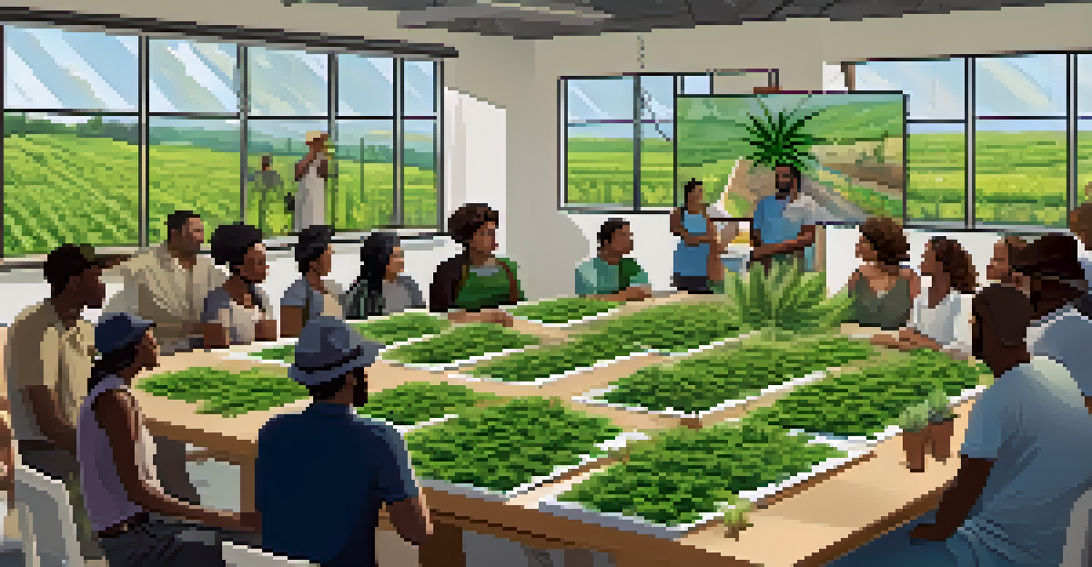 A community workshop where farmers demonstrate sustainable marijuana farming techniques to engaged participants.