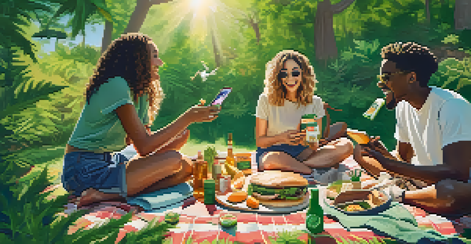 A group of diverse friends enjoying a cannabis-themed picnic in a sunny park, surrounded by greenery.