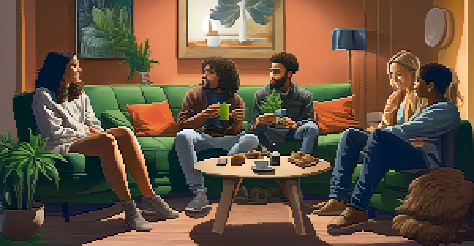 A cozy living room with friends sitting on a couch, engaged in conversation, with a coffee table displaying snacks, drinks, and a decorative marijuana plant.