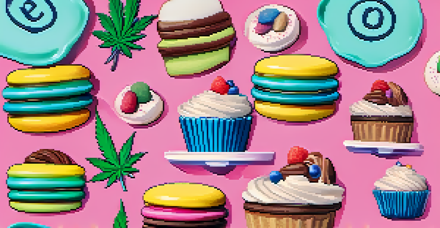 A plate of cannabis-infused desserts with macarons and cupcakes, alongside a phone showing social media interactions.