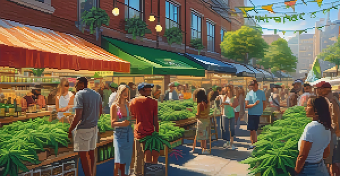 A lively cannabis market filled with diverse people shopping and engaging, with colorful stalls and plants under sunlight.