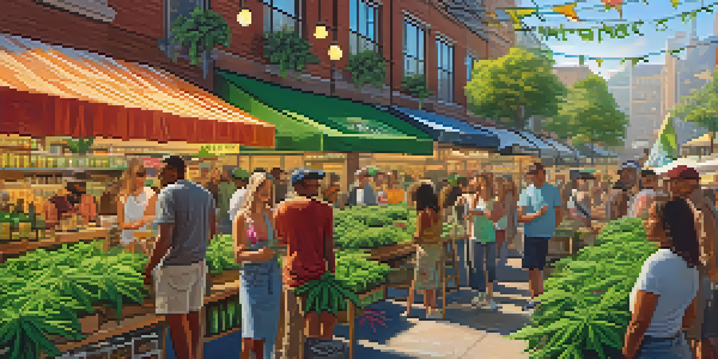 A lively cannabis market filled with diverse people shopping and engaging, with colorful stalls and plants under sunlight.