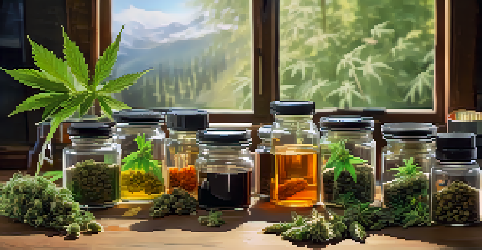 A collection of cannabis products including buds, oils, and edibles, beautifully arranged on a wooden table with natural sunlight.