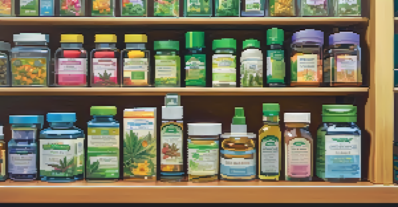 A close-up view of a table with various marijuana products, highlighting labels that indicate potency levels in a dispensary setting.