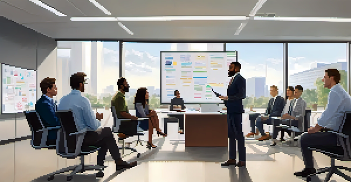 A diverse group of employees in a modern office discussing workplace policies with a whiteboard in the background.