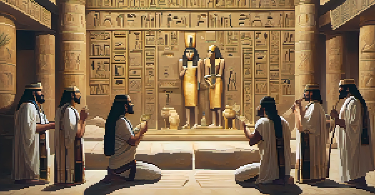 Ancient Egyptian priests performing a ritual with cannabis, surrounded by hieroglyphs and illuminated by golden light.