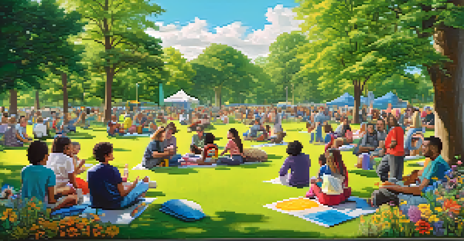 A diverse group of people in a park discussing marijuana education, with colorful banners and pamphlets, amidst blooming flowers and children playing.