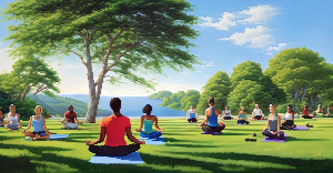 A peaceful outdoor scene with diverse individuals practicing healthy activities such as yoga, painting, and jogging on a sunny day.