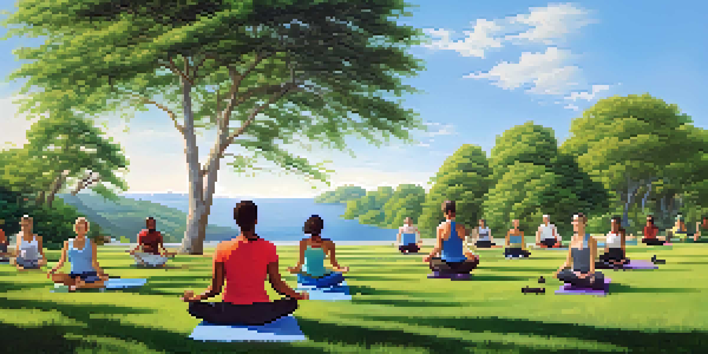 A peaceful outdoor scene with diverse individuals practicing healthy activities such as yoga, painting, and jogging on a sunny day.