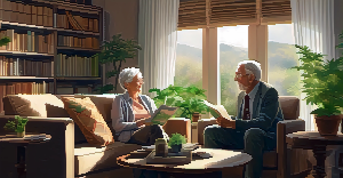 An elderly couple sitting on a sofa, discussing marijuana benefits in a cozy, well-lit room.