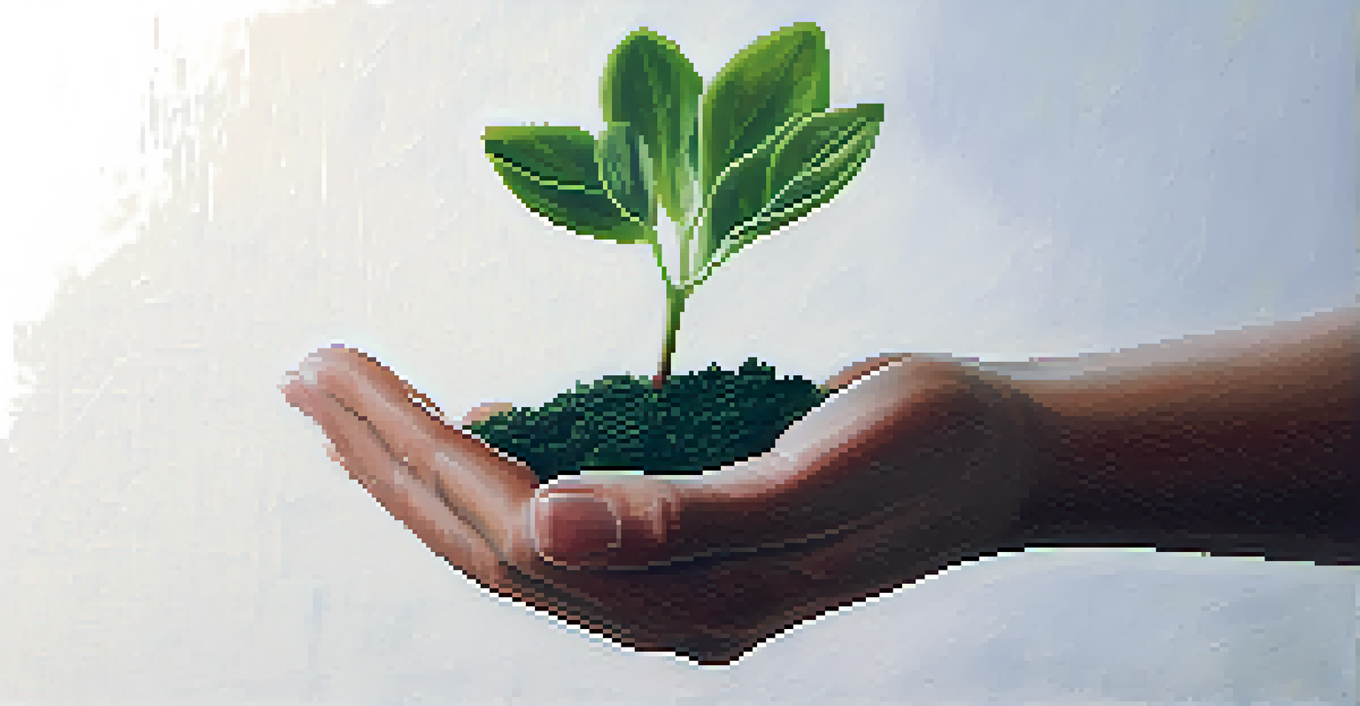 A close-up view of a hand holding a green plant, symbolizing growth and healing in a blurred background.