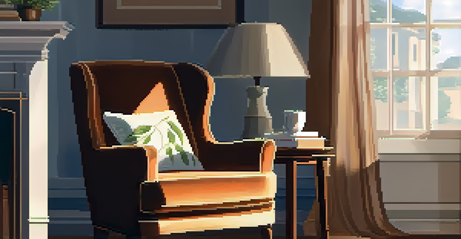 A cozy indoor scene with an armchair and a cup of tea on a side table, illuminated by soft sunlight from the window.
