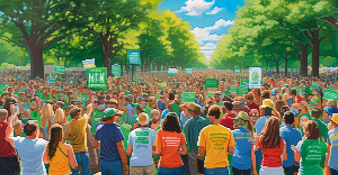 A lively community rally with diverse people holding colorful signs advocating for marijuana policy reform in a sunny park.