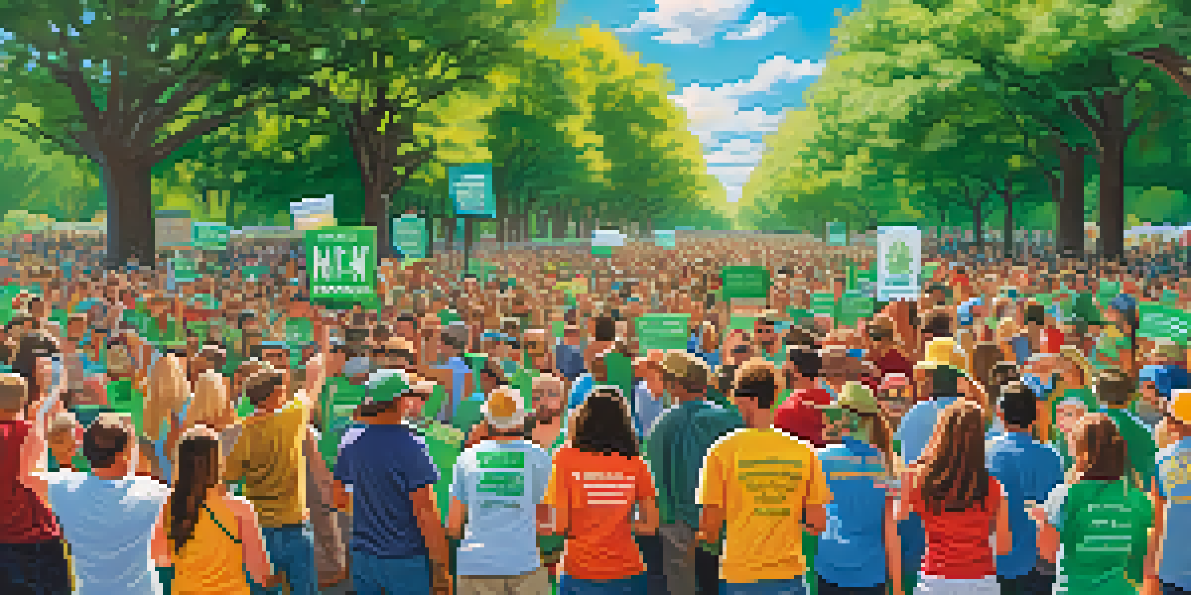 A lively community rally with diverse people holding colorful signs advocating for marijuana policy reform in a sunny park.