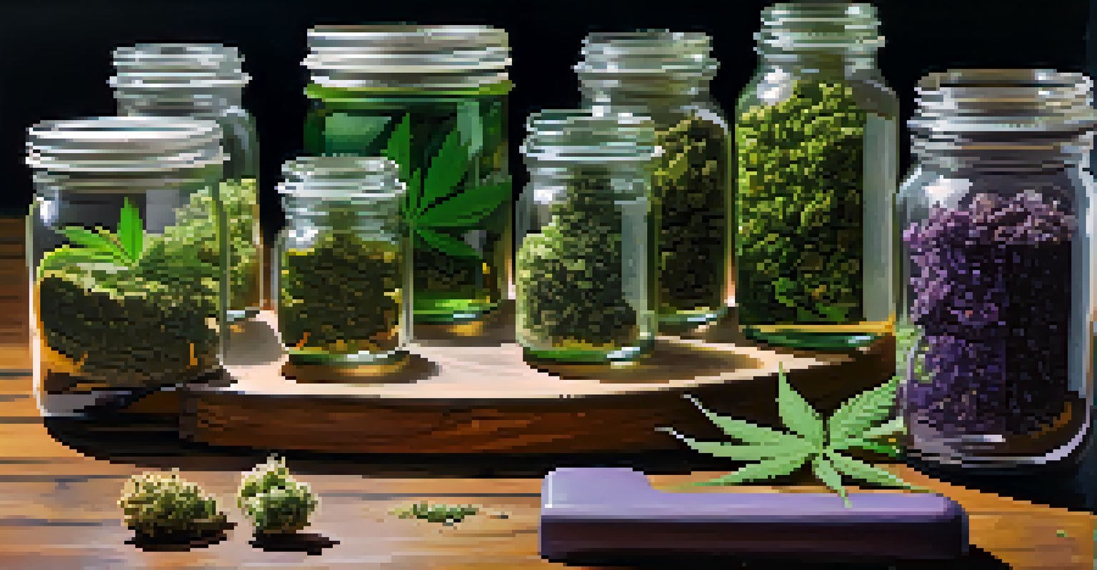 Close-up of different cannabis strains in glass jars on a rustic wooden table.