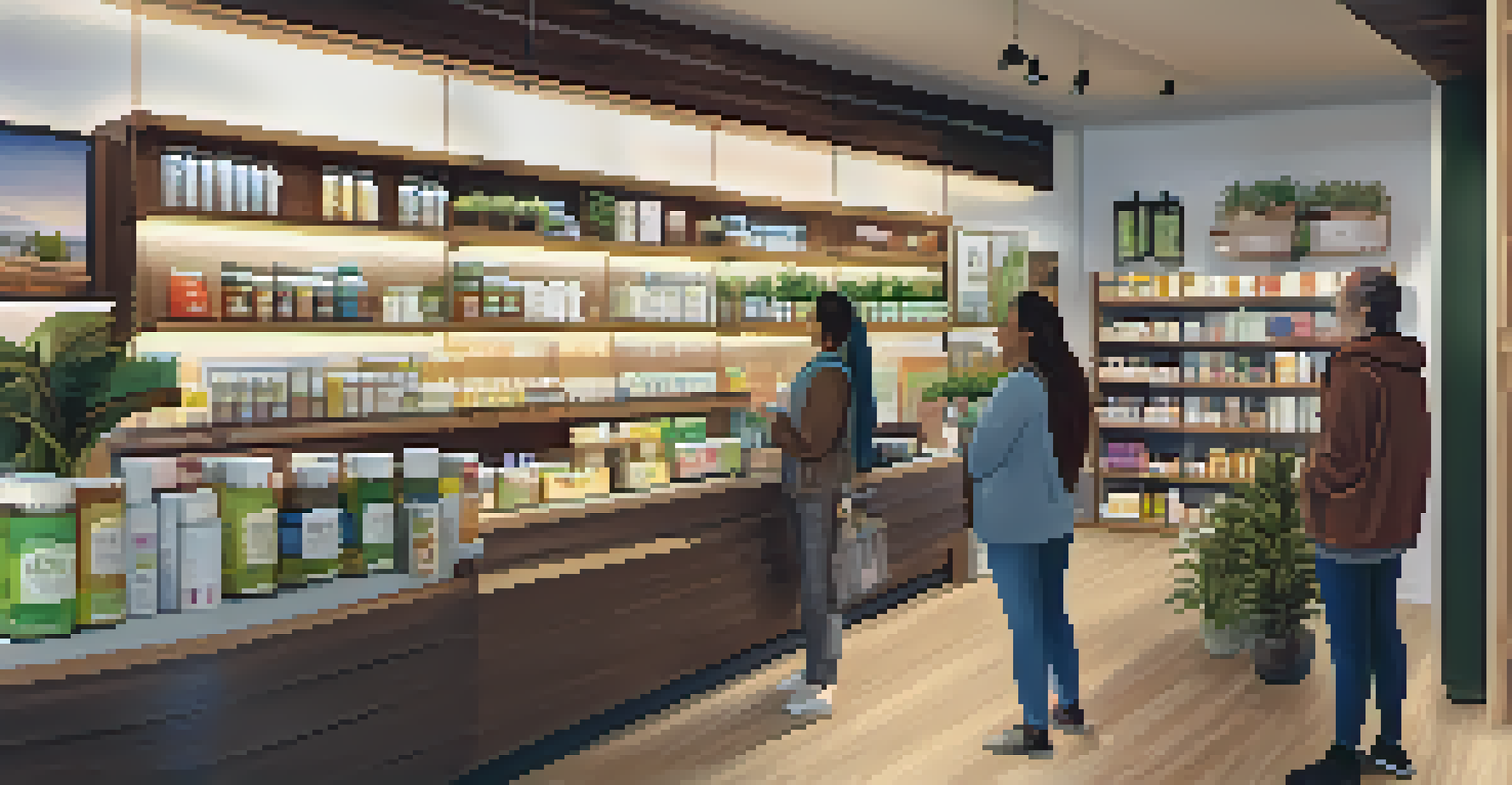An interior view of a wellness store filled with CBD products, with customers and staff interacting in a warm, inviting atmosphere.