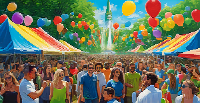 A diverse group of people in a park holding colorful banners for marijuana advocacy, with a festive atmosphere and greenery around.