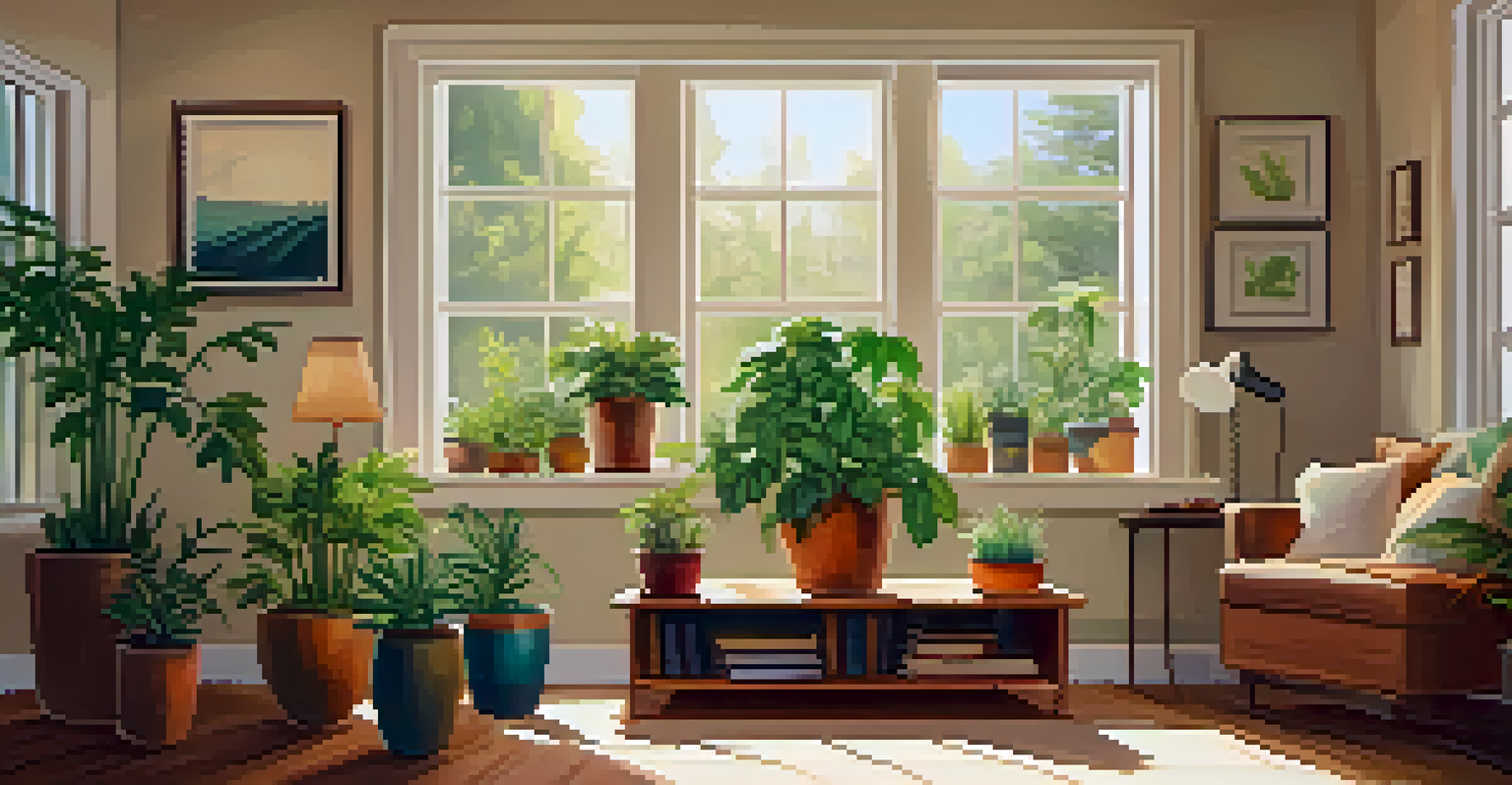 A cozy room with cannabis plants and books about mental health on a wooden coffee table.